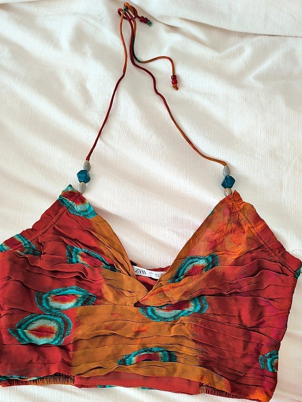 Zara Beaded Strap Halter Crop Top Red & Orange Size Large